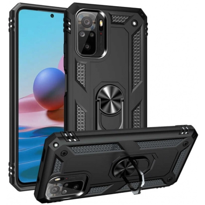 Xiaomi Redmi Note 10 Kılıf Silikon Zırhlı Standlı Yüzüklü Mıknatıslı Tank Kapak - Siyah