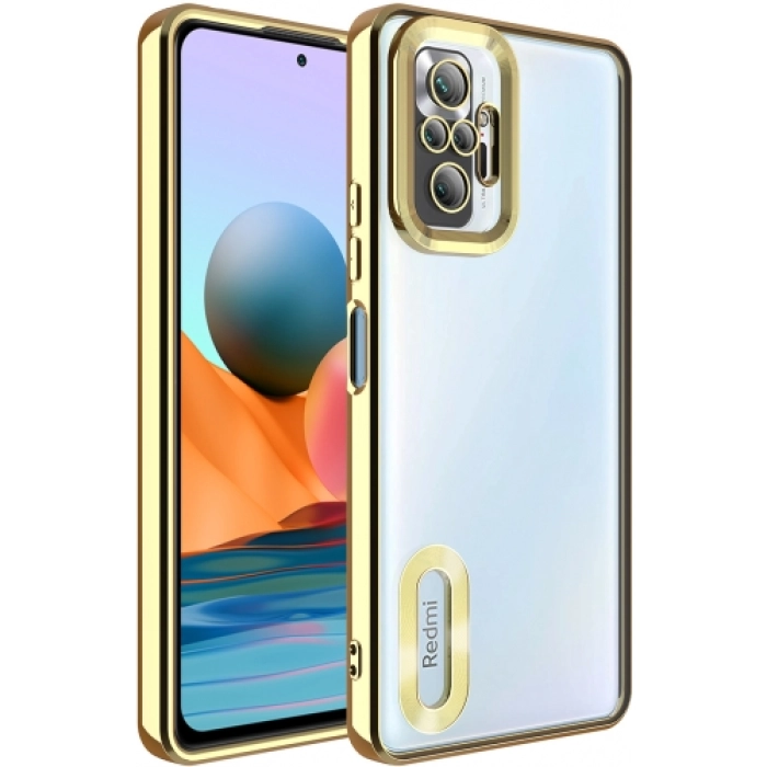 Xiaomi Redmi Note 10 Pro Kılıf Kamera Lens Korumalı Şeffaf Renkli Logo Gösteren Parlak Kapak - Gold