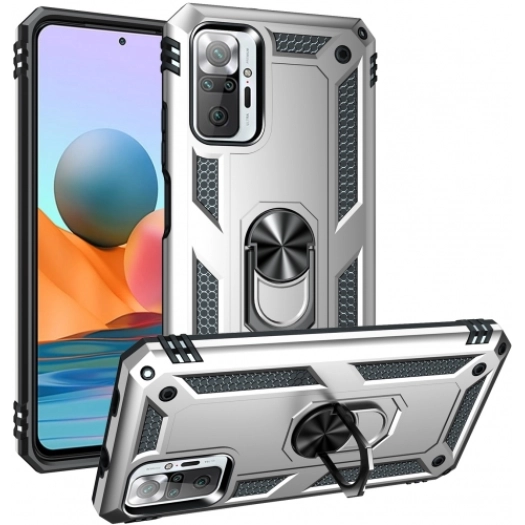 Xiaomi Redmi Note 10 Pro Kılıf Silikon Zırhlı Standlı Yüzüklü Mıknatıslı Tank Kapak - Gümüş