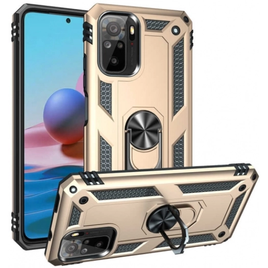 Xiaomi Redmi Note 10s Kılıf Silikon Zırhlı Standlı Yüzüklü Mıknatıslı Tank Kapak - Gold