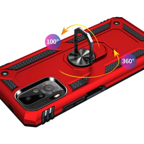 Xiaomi Redmi Note 10s Kılıf Silikon Zırhlı Standlı Yüzüklü Mıknatıslı Tank Kapak - Kırmızı