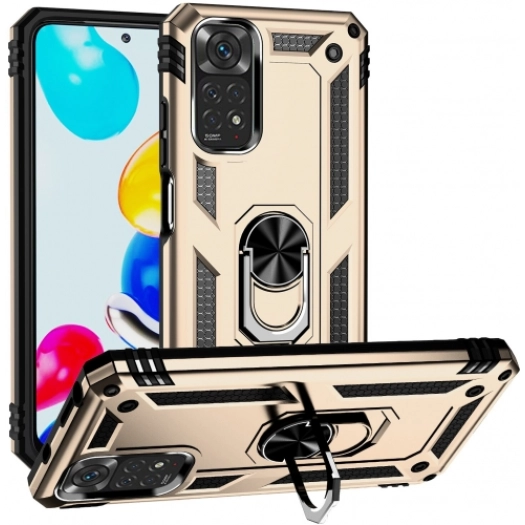 Xiaomi Redmi Note 11 Kılıf Silikon Zırhlı Standlı Yüzüklü Mıknatıslı Tank Kapak - Gold