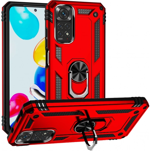 Xiaomi Redmi Note 11 Kılıf Silikon Zırhlı Standlı Yüzüklü Mıknatıslı Tank Kapak - Kırmızı