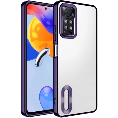 Xiaomi Redmi Note 11 Pro Kılıf Kamera Lens Korumalı Şeffaf Renkli Logo Gösteren Parlak Kapak - Koyu Mor