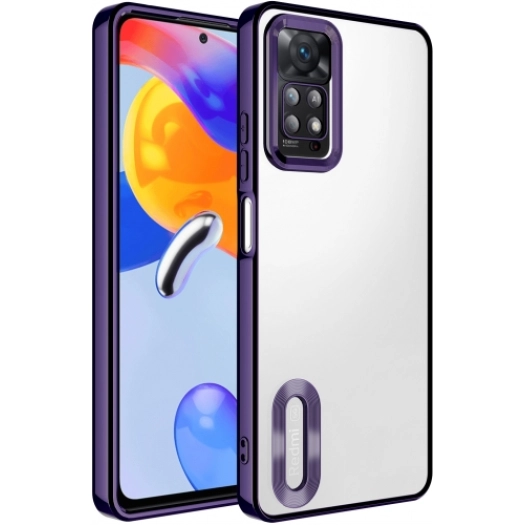 Xiaomi Redmi Note 11 Pro Kılıf Kamera Lens Korumalı Şeffaf Renkli Logo Gösteren Parlak Kapak - Koyu Mor
