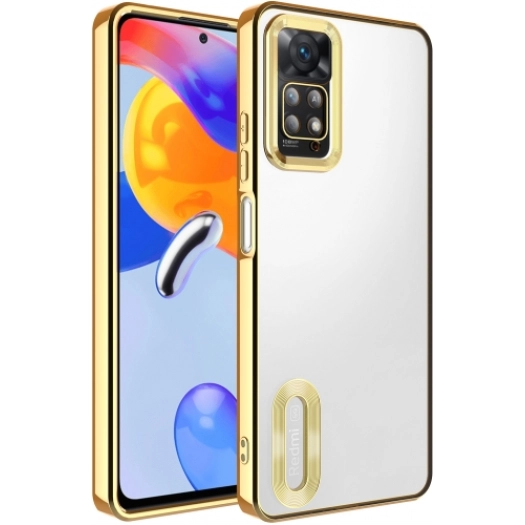 Xiaomi Redmi Note 11 Pro Kılıf Kamera Lens Korumalı Şeffaf Renkli Logo Gösteren Parlak Kapak - Gold