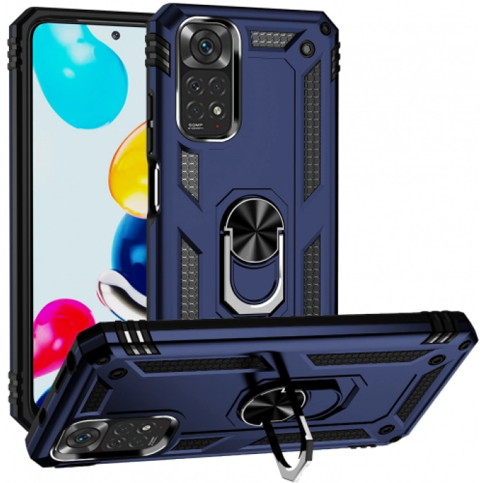 Xiaomi Redmi Note 11 Pro Kılıf Silikon Zırhlı Standlı Yüzüklü Mıknatıslı Tank Kapak - Lacivert