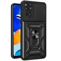 Xiaomi Redmi Note 11 Pro Kılıf Zırhlı Standlı Silikon Sürgülü Kamera Korumalı Tank Kapak - Siyah