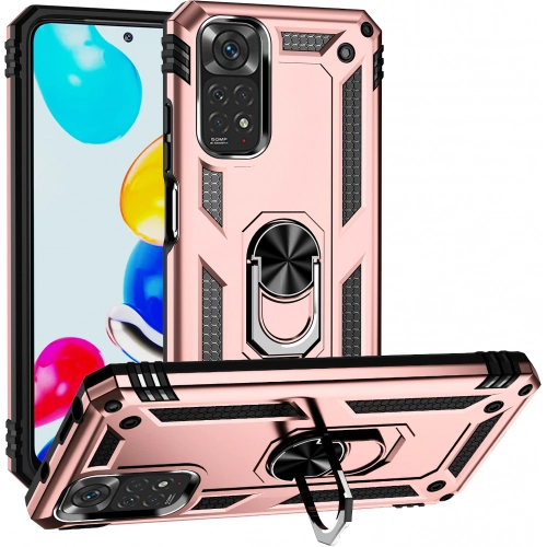 Xiaomi Redmi Note 11s Kılıf Silikon Zırhlı Standlı Yüzüklü Mıknatıslı Tank Kapak - Rose Gold
