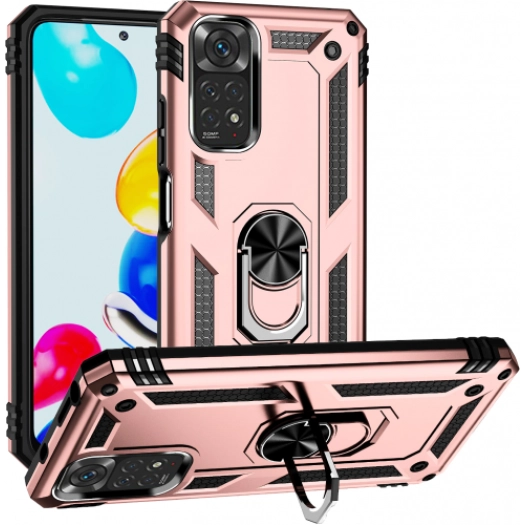 Xiaomi Redmi Note 11s Kılıf Silikon Zırhlı Standlı Yüzüklü Mıknatıslı Tank Kapak - Rose Gold