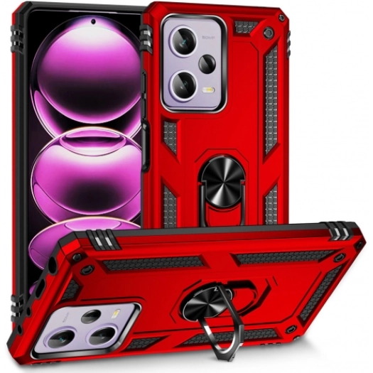 Xiaomi Redmi Note 12 Kılıf Silikon Zırhlı Standlı Yüzüklü Mıknatıslı Tank Kapak - Kırmızı