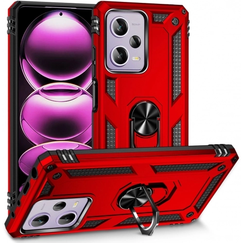 Xiaomi Redmi Note 12 Pro Kılıf Silikon Zırhlı Standlı Yüzüklü Mıknatıslı Tank Kapak - Kırmızı