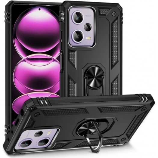Xiaomi Redmi Note 12 Pro Kılıf Silikon Zırhlı Standlı Yüzüklü Mıknatıslı Tank Kapak - Siyah