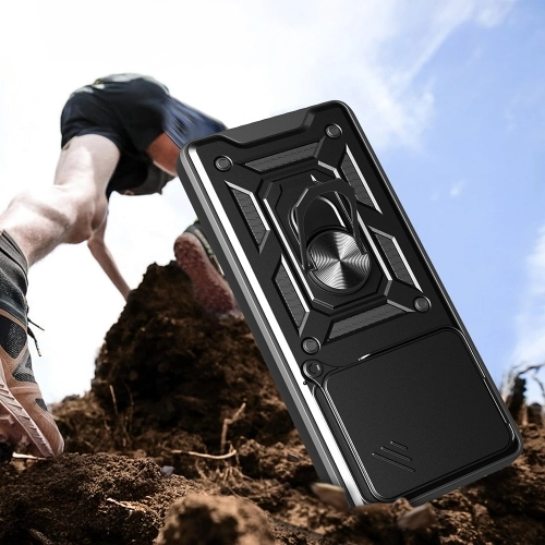 Xiaomi Redmi Note 14 4G Kılıf Zırhlı Standlı Silikon Sürgülü Kamera Korumalı Tank Kapak - Mavi