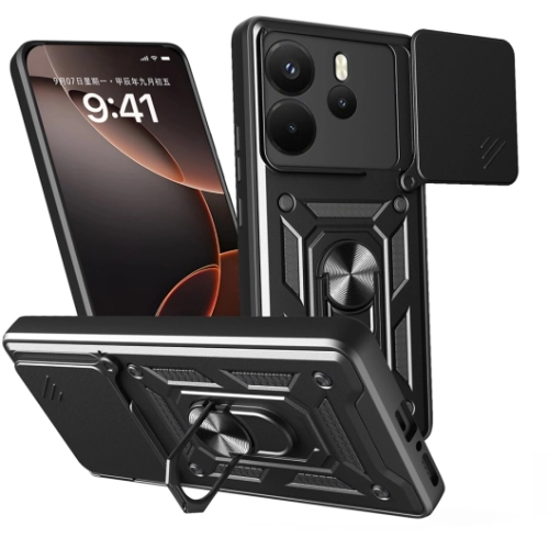 Xiaomi Redmi Note 14 4G Kılıf Zırhlı Standlı Silikon Sürgülü Kamera Korumalı Tank Kapak - Siyah