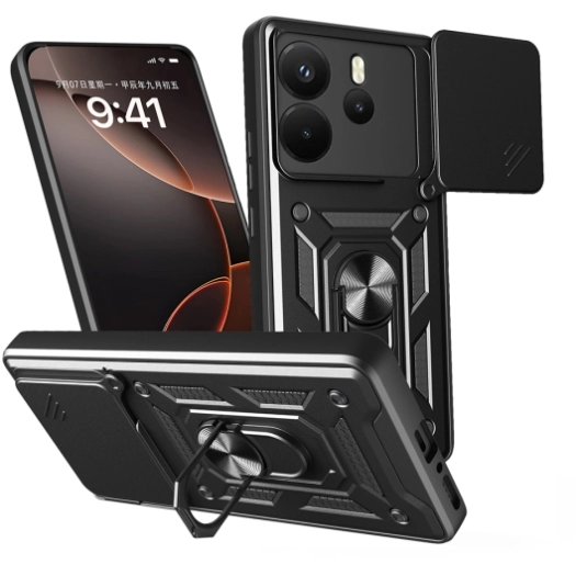 Xiaomi Redmi Note 14 4G Kılıf Zırhlı Standlı Silikon Sürgülü Kamera Korumalı Tank Kapak - Siyah