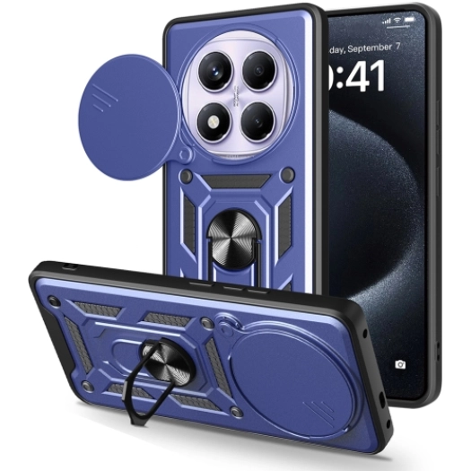 Xiaomi Redmi Note 14 Pro 4g Kılıf Zırhlı Standlı Silikon Sürgülü Kamera Korumalı Tank Kapak - Mavi