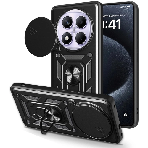 Xiaomi Redmi Note 14 Pro 4g Kılıf Zırhlı Standlı Silikon Sürgülü Kamera Korumalı Tank Kapak - Siyah