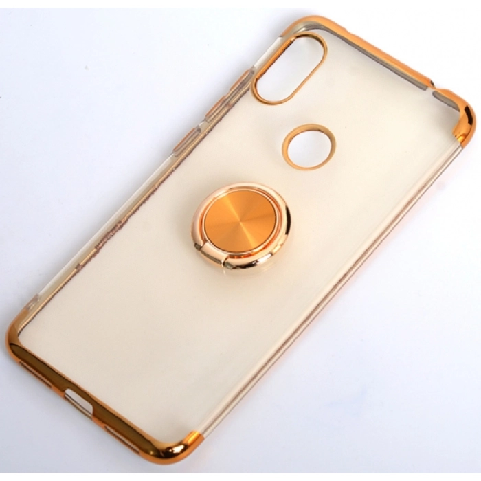 Xiaomi Redmi Note 5 Pro Kılıf Renkli Köşeli Yüzüklü Standlı Lazer Şeffaf Esnek Silikon - Gold