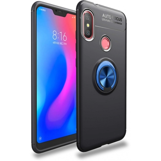 Xiaomi Redmi Note 6 Pro Kılıf Renkli Silikon Yüzüklü Standlı Auto Focus Ravel Kapak - Mavi - Siyah