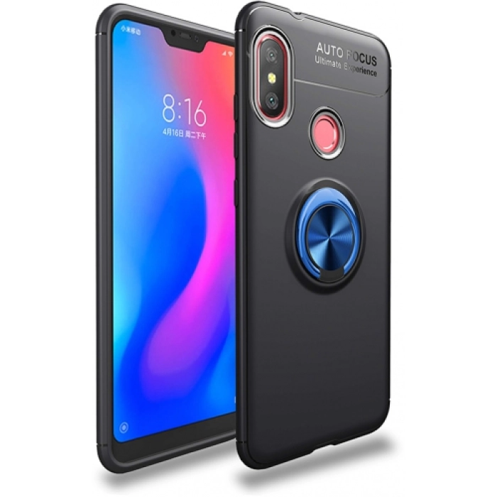 Xiaomi Redmi Note 6 Pro Kılıf Renkli Silikon Yüzüklü Standlı Auto Focus Ravel Kapak - Mavi - Siyah