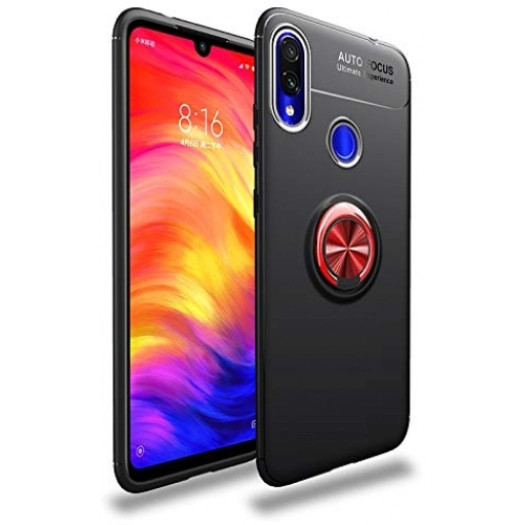 Xiaomi Redmi Note 7 Kılıf Renkli Silikon Yüzüklü Standlı Auto Focus Ravel Kapak - Kırmızı - Siyah