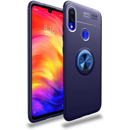 Xiaomi Redmi Note 7 Kılıf Renkli Silikon Yüzüklü Standlı Auto Focus Ravel Kapak - Mavi