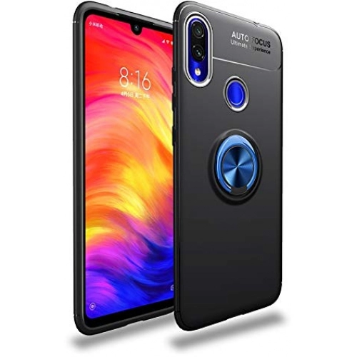 Xiaomi Redmi Note 7 Kılıf Renkli Silikon Yüzüklü Standlı Auto Focus Ravel Kapak - Mavi - Siyah
