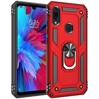 Xiaomi Redmi Note 7 Kılıf Silikon Zırhlı Standlı Yüzüklü Mıknatıslı Tank Kapak - Kırmızı