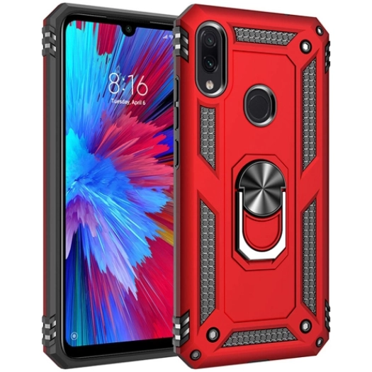 Xiaomi Redmi Note 7 Kılıf Silikon Zırhlı Standlı Yüzüklü Mıknatıslı Tank Kapak - Kırmızı