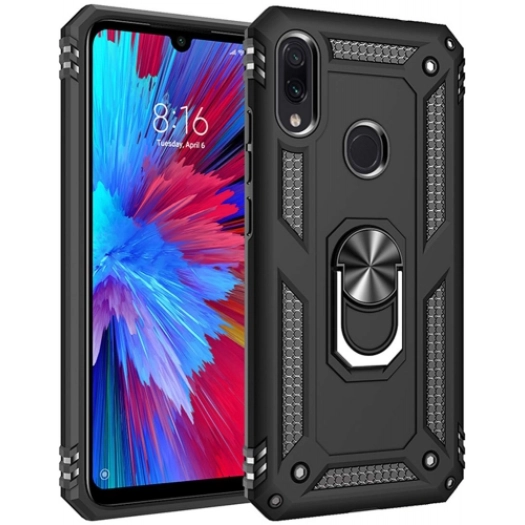 Xiaomi Redmi Note 7 Kılıf Silikon Zırhlı Standlı Yüzüklü Mıknatıslı Tank Kapak - Siyah