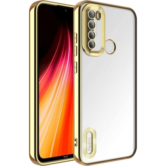 Xiaomi Redmi Note 8 Kılıf Kamera Lens Korumalı Şeffaf Renkli Logo Gösteren Parlak Kapak - Gold