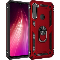 Xiaomi Redmi Note 8 Kılıf Silikon Zırhlı Standlı Yüzüklü Mıknatıslı Tank Kapak - Kırmızı