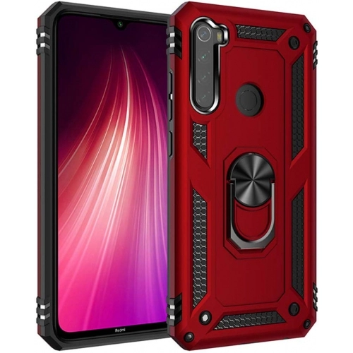 Xiaomi Redmi Note 8 Kılıf Silikon Zırhlı Standlı Yüzüklü Mıknatıslı Tank Kapak - Kırmızı
