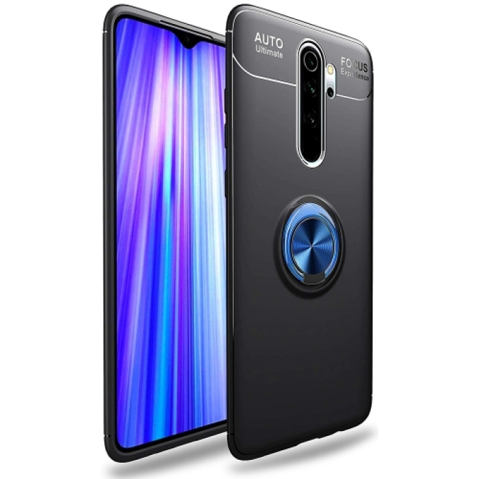 Xiaomi Redmi Note 8 Pro Kılıf Renkli Silikon Yüzüklü Standlı Auto Focus Ravel Kapak - Mavi - Siyah