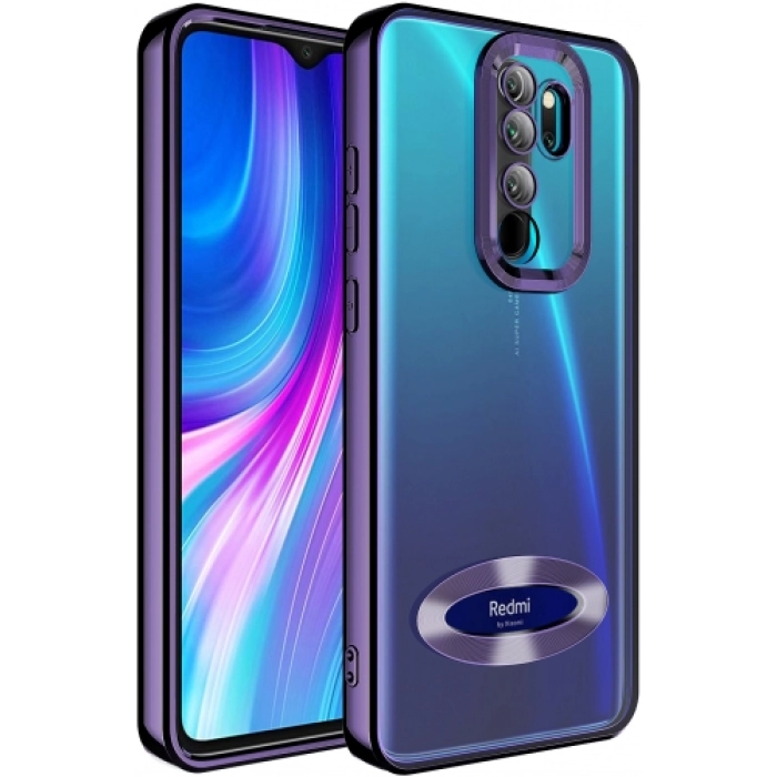 Xiaomi Redmi Note 8 Pro Kılıf Kamera Lens Korumalı Şeffaf Renkli Logo Gösteren Parlak Kapak - Koyu Mor