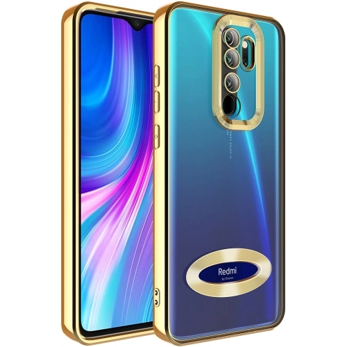 Xiaomi Redmi Note 8 Pro Kılıf Kamera Lens Korumalı Şeffaf Renkli Logo Gösteren Parlak Kapak - Gold