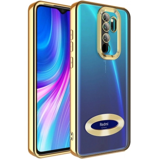 Xiaomi Redmi Note 8 Pro Kılıf Kamera Lens Korumalı Şeffaf Renkli Logo Gösteren Parlak Kapak - Gold