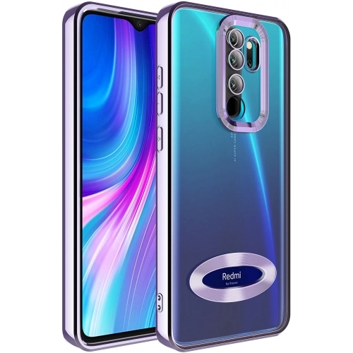 Xiaomi Redmi Note 8 Pro Kılıf Kamera Lens Korumalı Şeffaf Renkli Logo Gösteren Parlak Kapak - Lila
