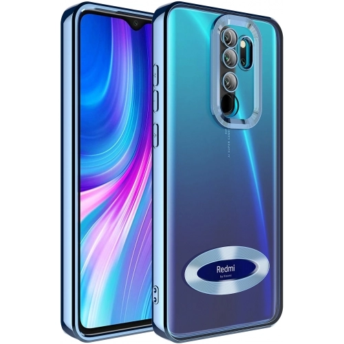 Xiaomi Redmi Note 8 Pro Kılıf Kamera Lens Korumalı Şeffaf Renkli Logo Gösteren Parlak Kapak - Mavi