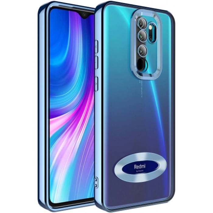 Xiaomi Redmi Note 8 Pro Kılıf Kamera Lens Korumalı Şeffaf Renkli Logo Gösteren Parlak Kapak - Mavi