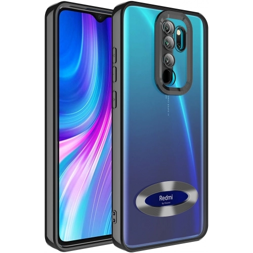Xiaomi Redmi Note 8 Pro Kılıf Kamera Lens Korumalı Şeffaf Renkli Logo Gösteren Parlak Kapak - Siyah