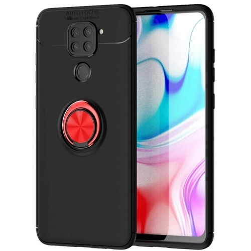 Xiaomi Redmi Note 9 Kılıf Renkli Silikon Yüzüklü Standlı Auto Focus Ravel Kapak - Kırmızı - Siyah