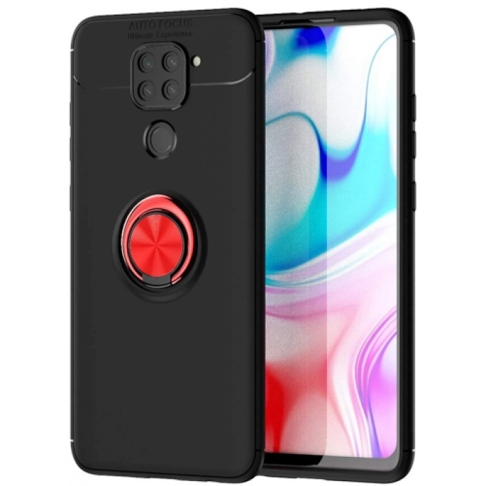 Xiaomi Redmi Note 9 Kılıf Renkli Silikon Yüzüklü Standlı Auto Focus Ravel Kapak - Kırmızı - Siyah