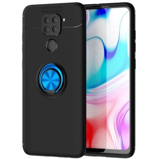 Xiaomi Redmi Note 9 Kılıf Renkli Silikon Yüzüklü Standlı Auto Focus Ravel Kapak - Mavi - Siyah