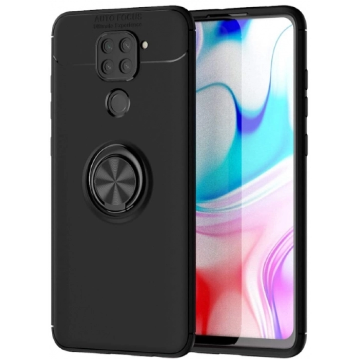 Xiaomi Redmi Note 9 Kılıf Renkli Silikon Yüzüklü Standlı Auto Focus Ravel Kapak - Siyah