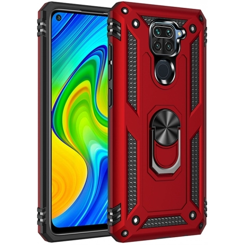 Xiaomi Redmi Note 9 Kılıf Silikon Zırhlı Standlı Yüzüklü Mıknatıslı Tank Kapak - Kırmızı