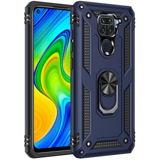 Xiaomi Redmi Note 9 Kılıf Silikon Zırhlı Standlı Yüzüklü Mıknatıslı Tank Kapak - Lacivert
