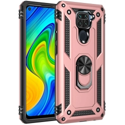 Xiaomi Redmi Note 9 Kılıf Silikon Zırhlı Standlı Yüzüklü Mıknatıslı Tank Kapak - Rose Gold