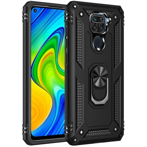 Xiaomi Redmi Note 9 Kılıf Silikon Zırhlı Standlı Yüzüklü Mıknatıslı Tank Kapak - Siyah